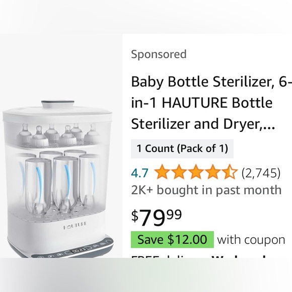 Baby Bottle Sterilizer, 6-in-1 HAUTURE Bottle Sterilizer and Dryer - Picture 6 of 7